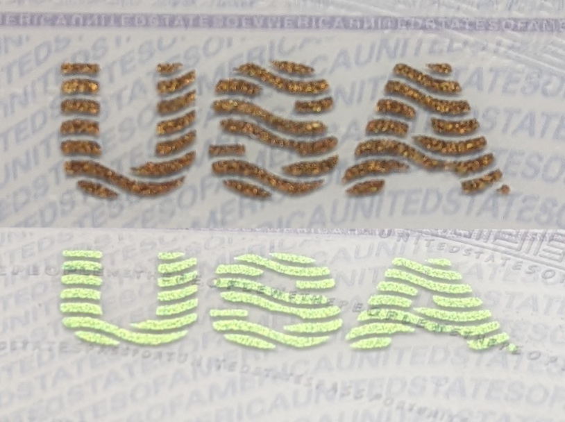 Side-by-side comparison of a gold-colored 'USA' and a green 'USA.'