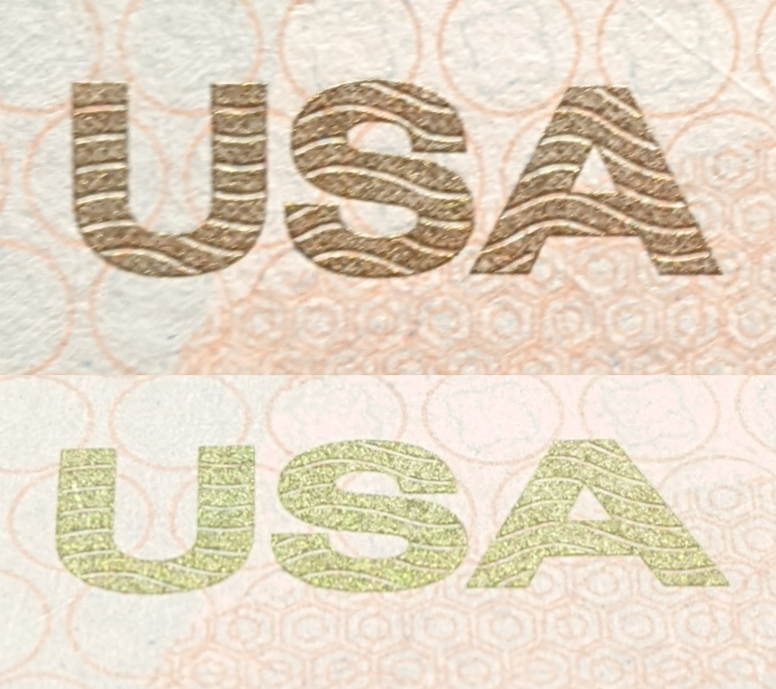 Side-by-side comparison of a gold-colored flourish and a green flourish.